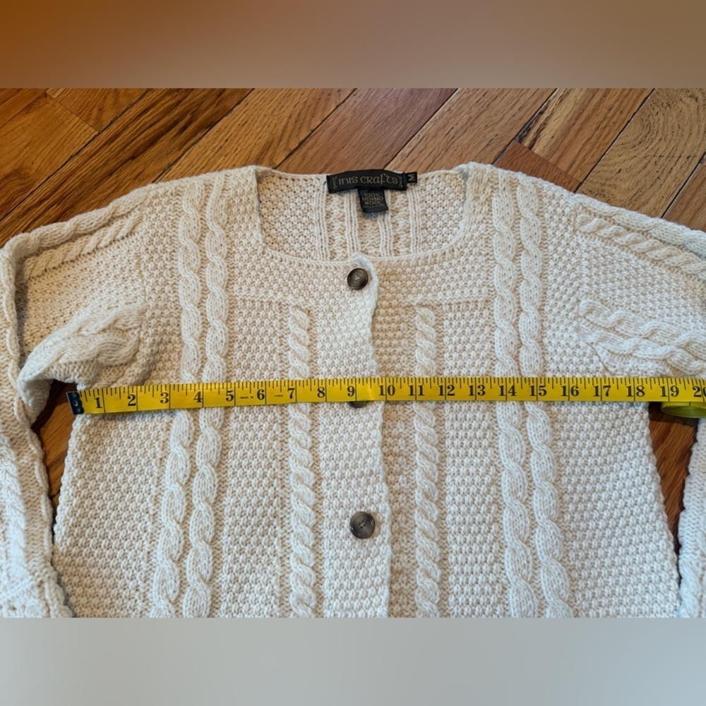 Inis Crafts 100% Wool Cardigan Sweater Cable Knit Square Neck Ivory Womens Sz M - Picture 12 of 15